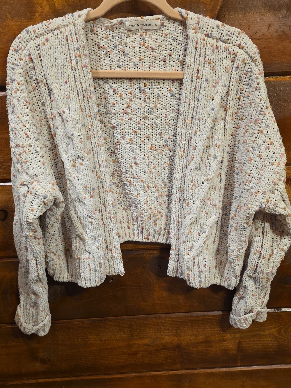 moon & madison Cream Speckled Open-Front Cable Cardigan